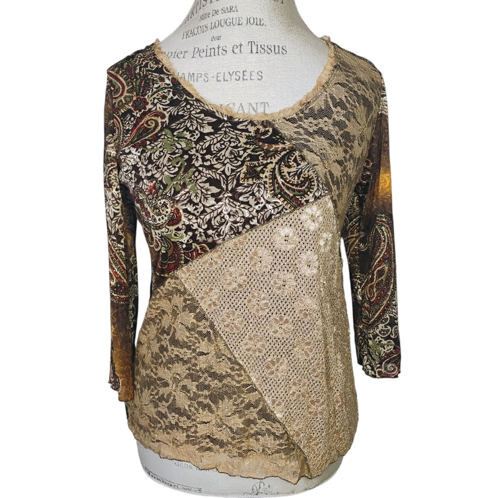 Dress Barn Y2K Sheer Mesh Lace Patchwork Top Womens Medium Brown Fairy Grunge‎